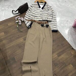 Striped Tweed Crop Jacket & Khaki Split Hem Wide Leg Pants Set